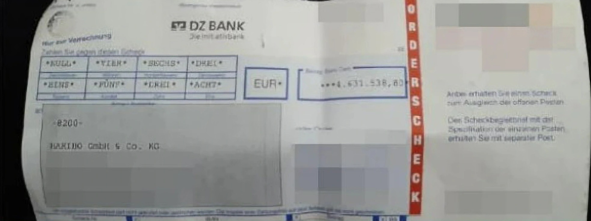 The cheque was discovered on a train platform in Germany and was written out to sweet giant Haribo